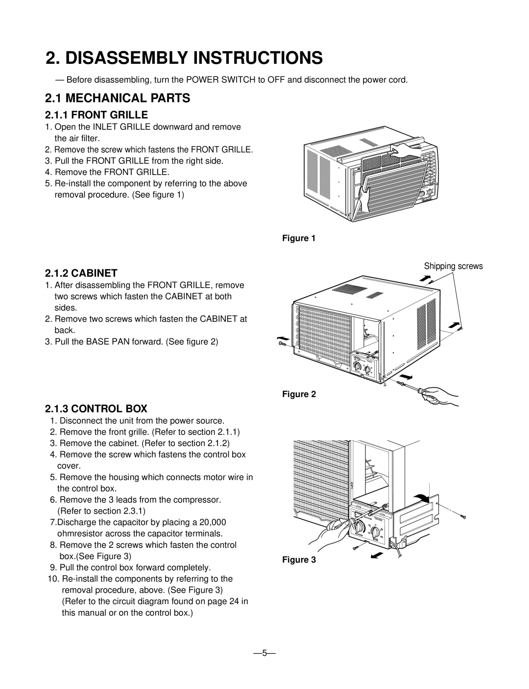 Friedrich ZQ10 A10B manual Disassembly Instructions, Mechanical Parts, Front Grille, Cabinet, Control BOX 