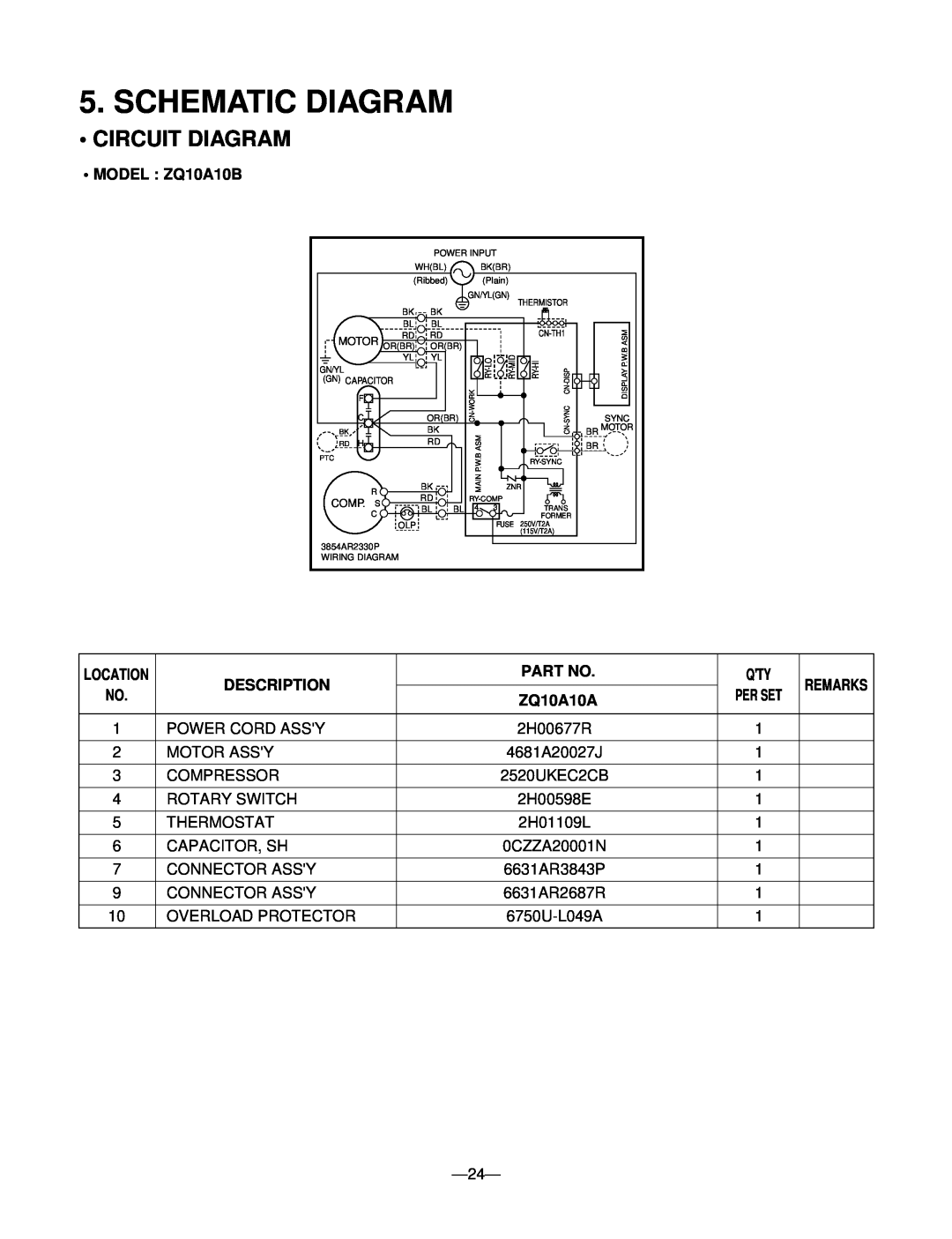 Friedrich ZQ10 A10B manual Schematic Diagram, Circuit Diagram, MODEL ZQ10A10B, Description, ZQ10A10A, Per Set 