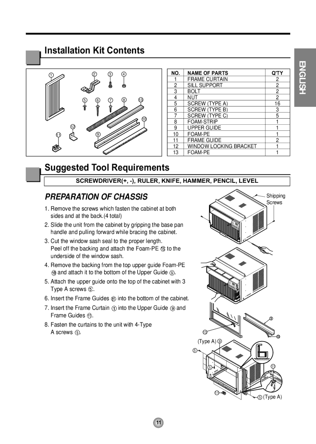 Friedrich ZQ08, ZQ10 operation manual Installation Kit Contents, Suggested Tool Requirements 