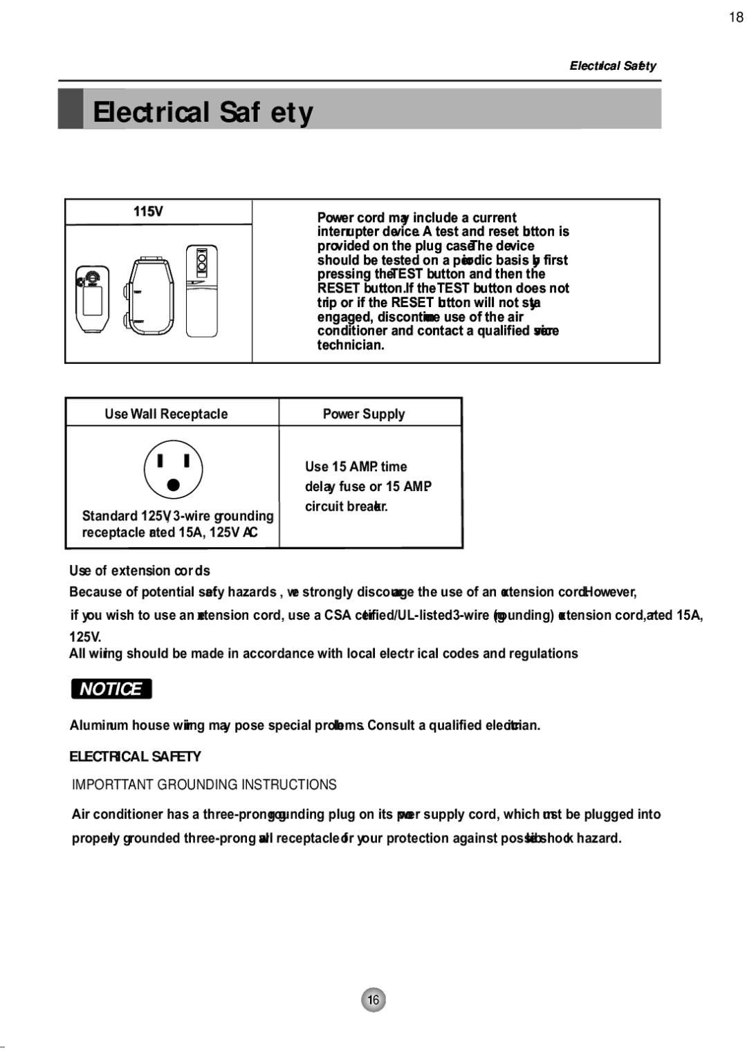 Friedrich ZQ10, ZQ08 operation manual Electrical Safety 