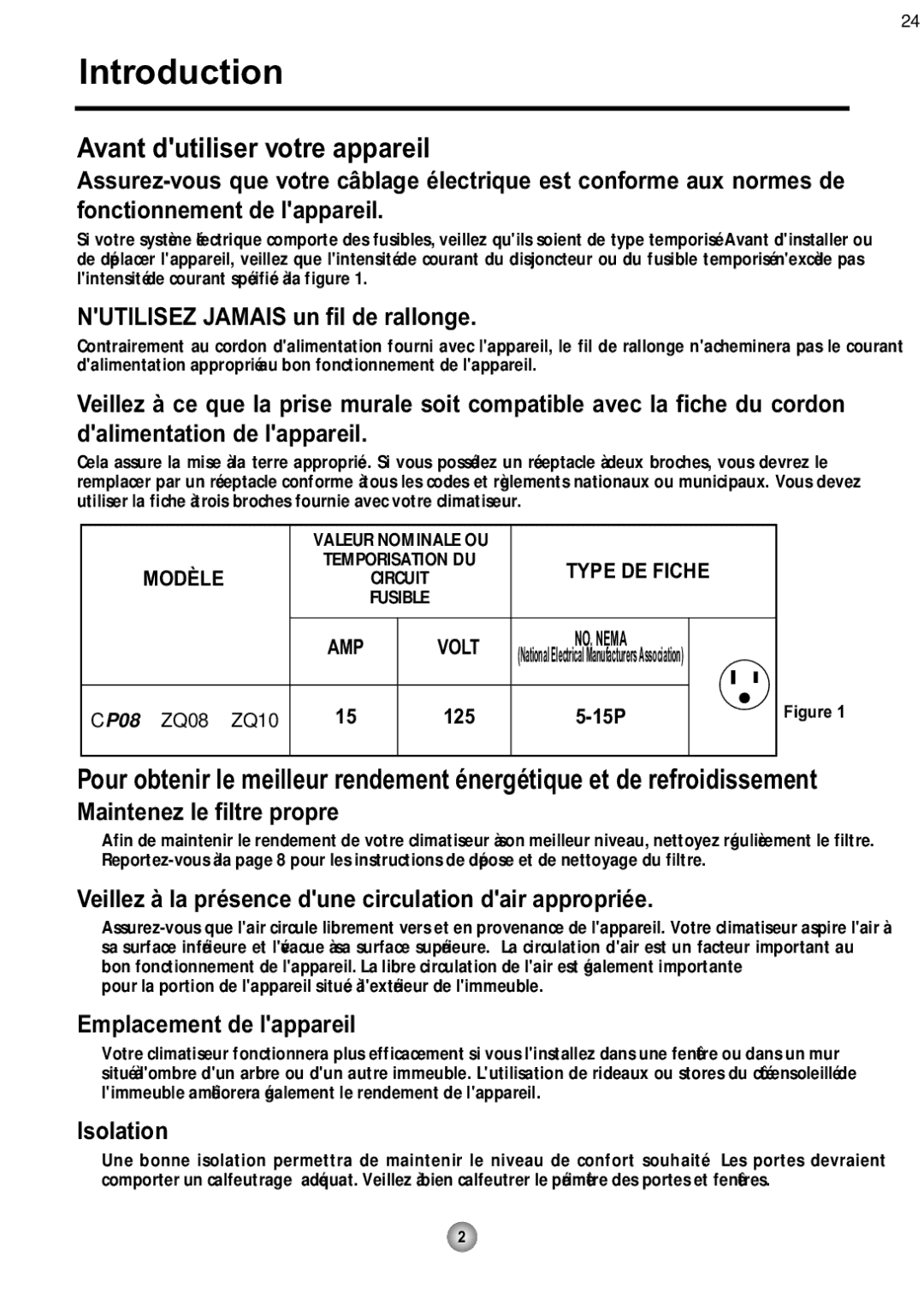 Friedrich ZQ10, ZQ08 operation manual Avant dutiliser votre appareil, Nutilisez Jamais un fil de rallonge 