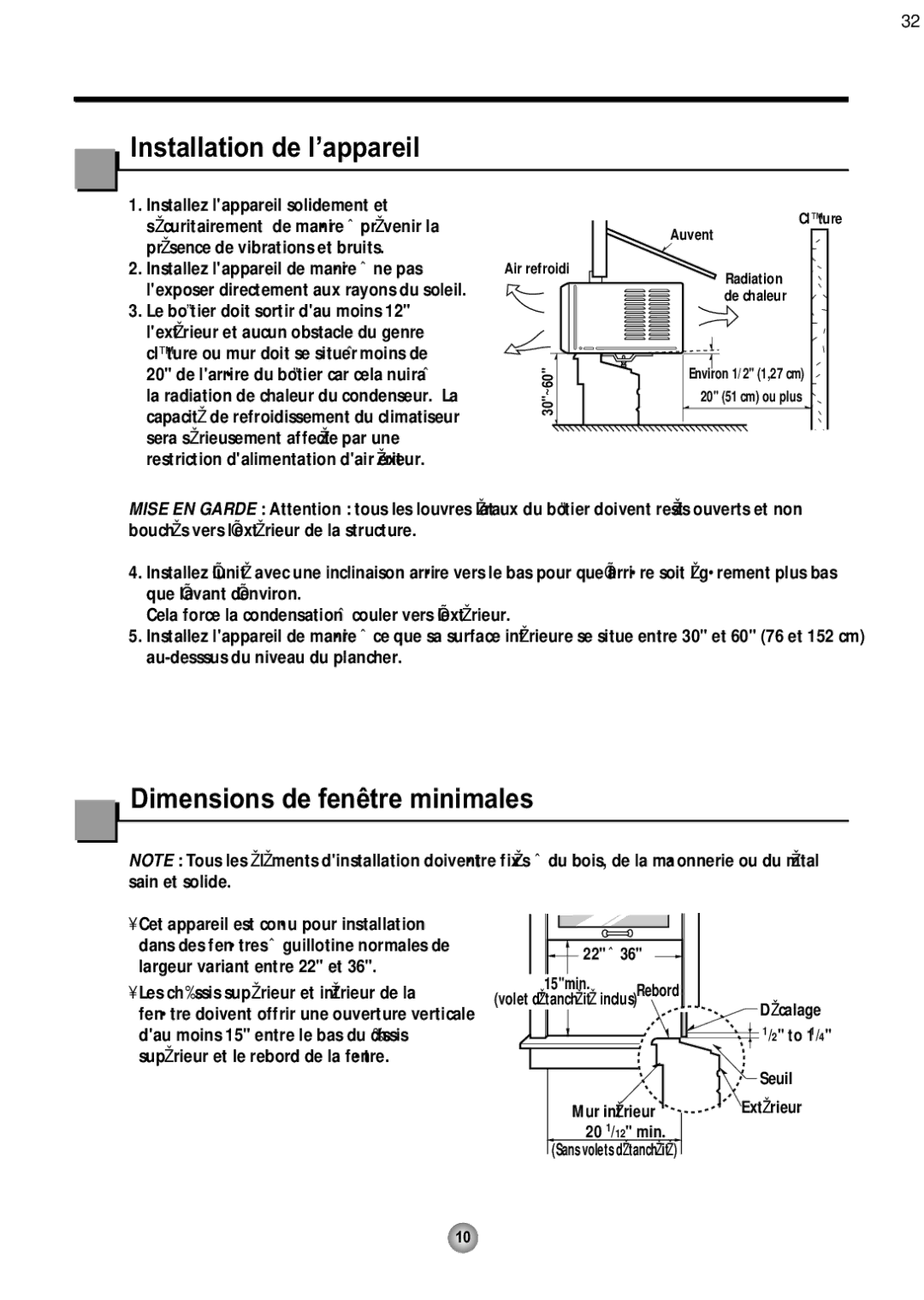 Friedrich ZQ10 Installation de l’appareil, Dimensions de fenêtre minimales, 22 à 15min. Rebord Volet détanchéité inclus 