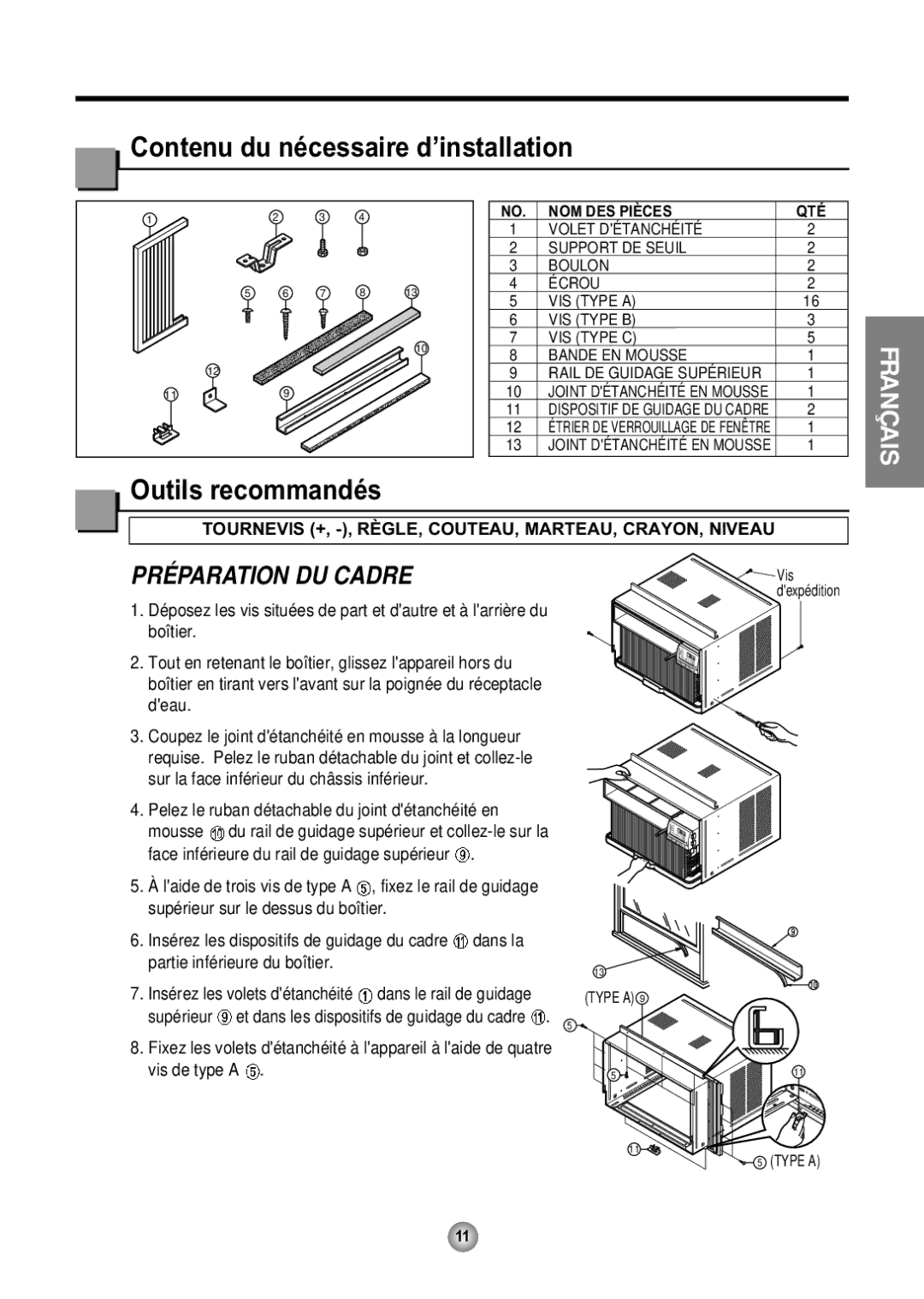 Friedrich ZQ08, ZQ10 operation manual Contenu du nécessaire d’installation, Outils recommandés 