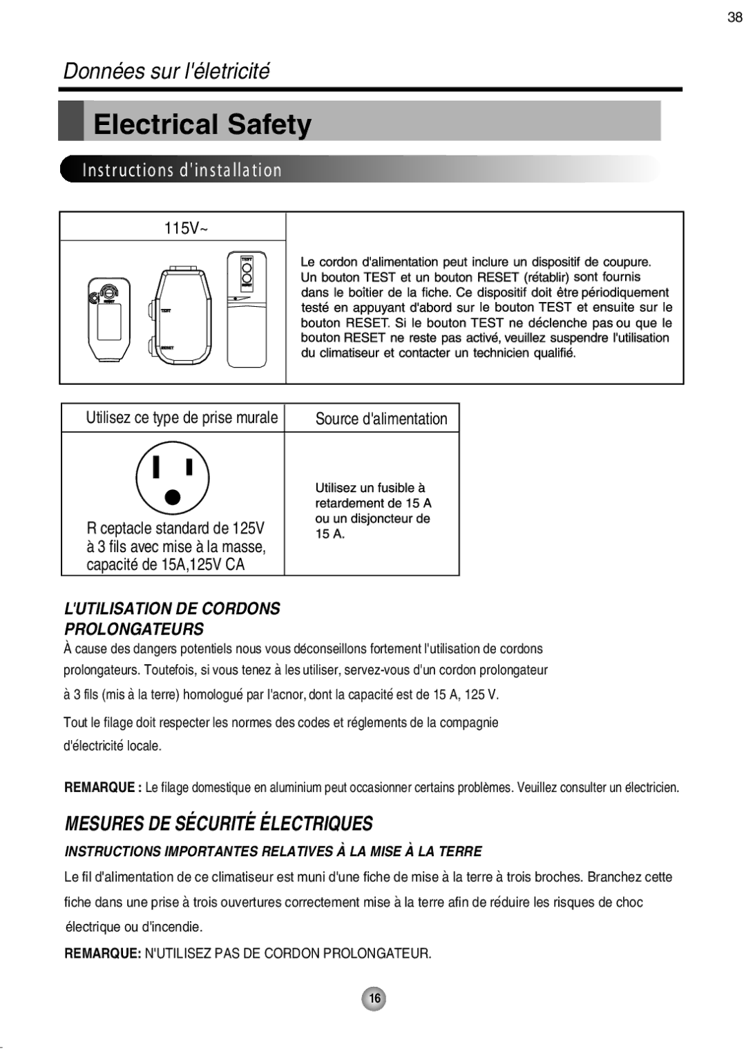 Friedrich ZQ10, ZQ08 operation manual Source dalimentation, Delectricite locale 