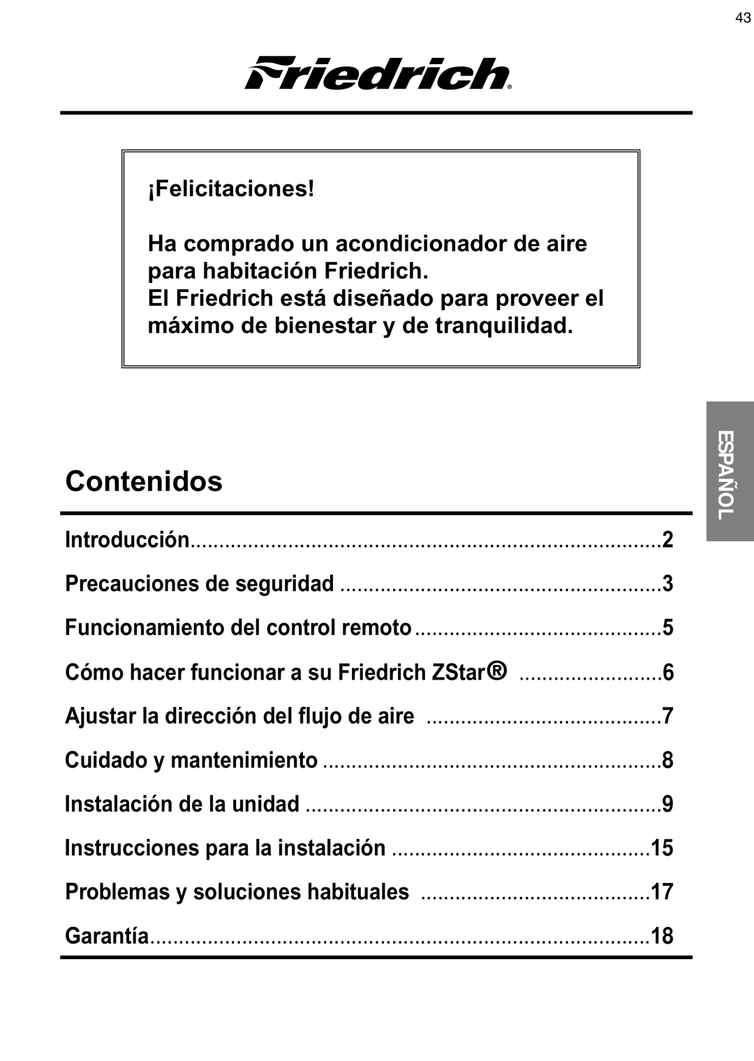 Friedrich ZQ08, ZQ10 operation manual Contenidos 