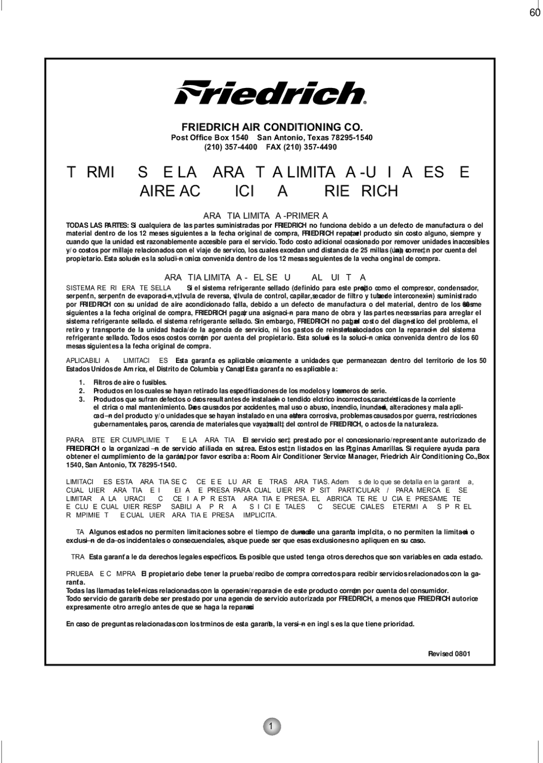 Friedrich ZQ10, ZQ08 operation manual Garantia Limitada -PRIMER AÑO 