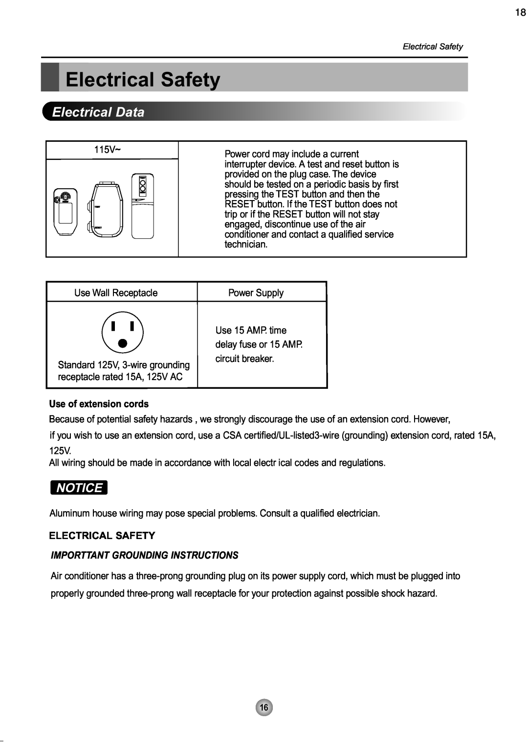 Friedrich ZQ10, ZQ08 operation manual Electrical Safety, Electrical Data, Notice, 115V~, Use of extension cords 