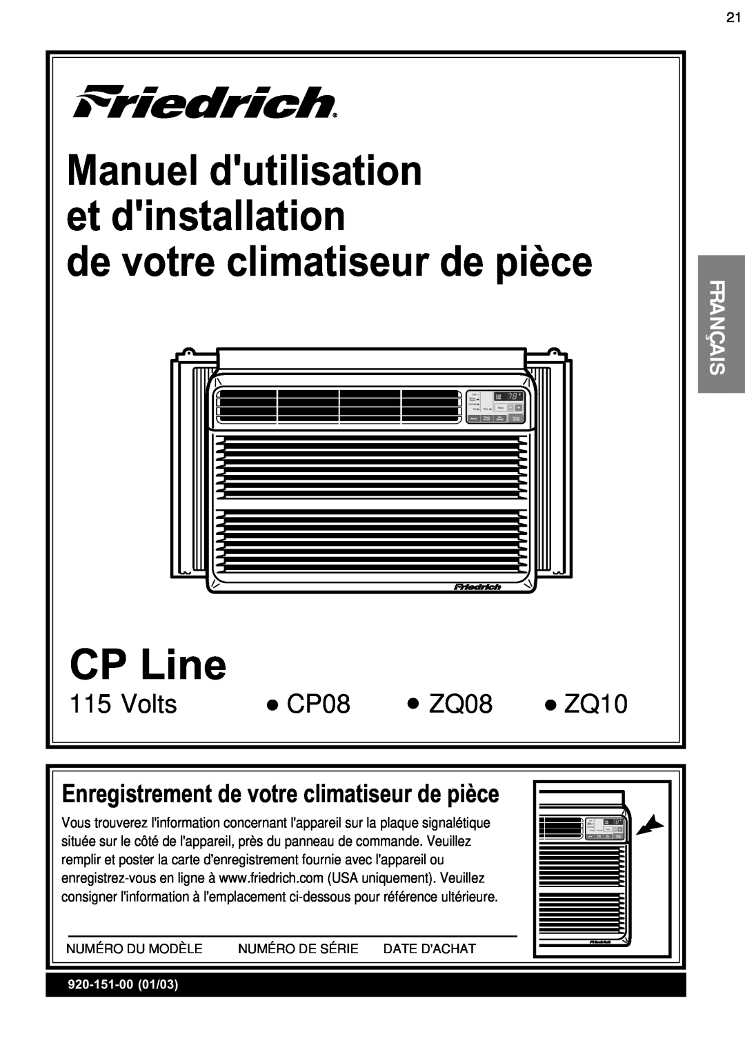 Friedrich ZQ08 de votre climatiseur de pièce CP Line, Enregistrement de votre climatiseur de pièce, Volts, CP08, ZQ10 