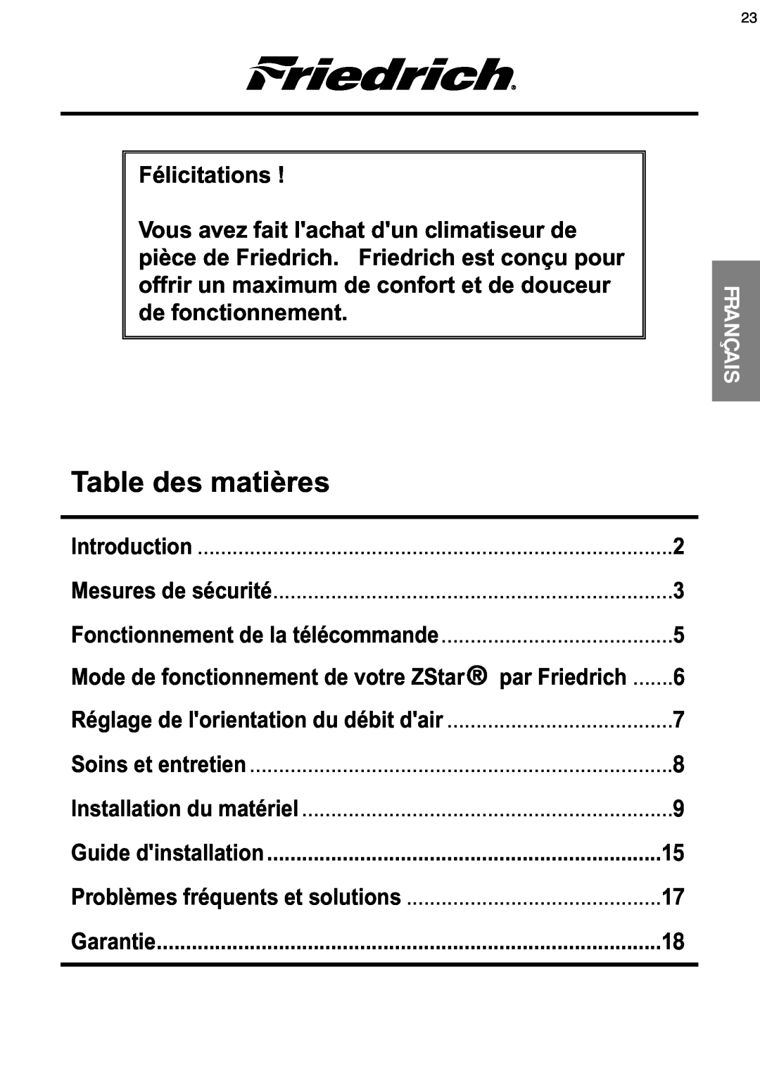 Friedrich ZQ08, ZQ10 Table des matières, Français, Introduction, Mesures de sécurité, Fonctionnement de la télécommande 