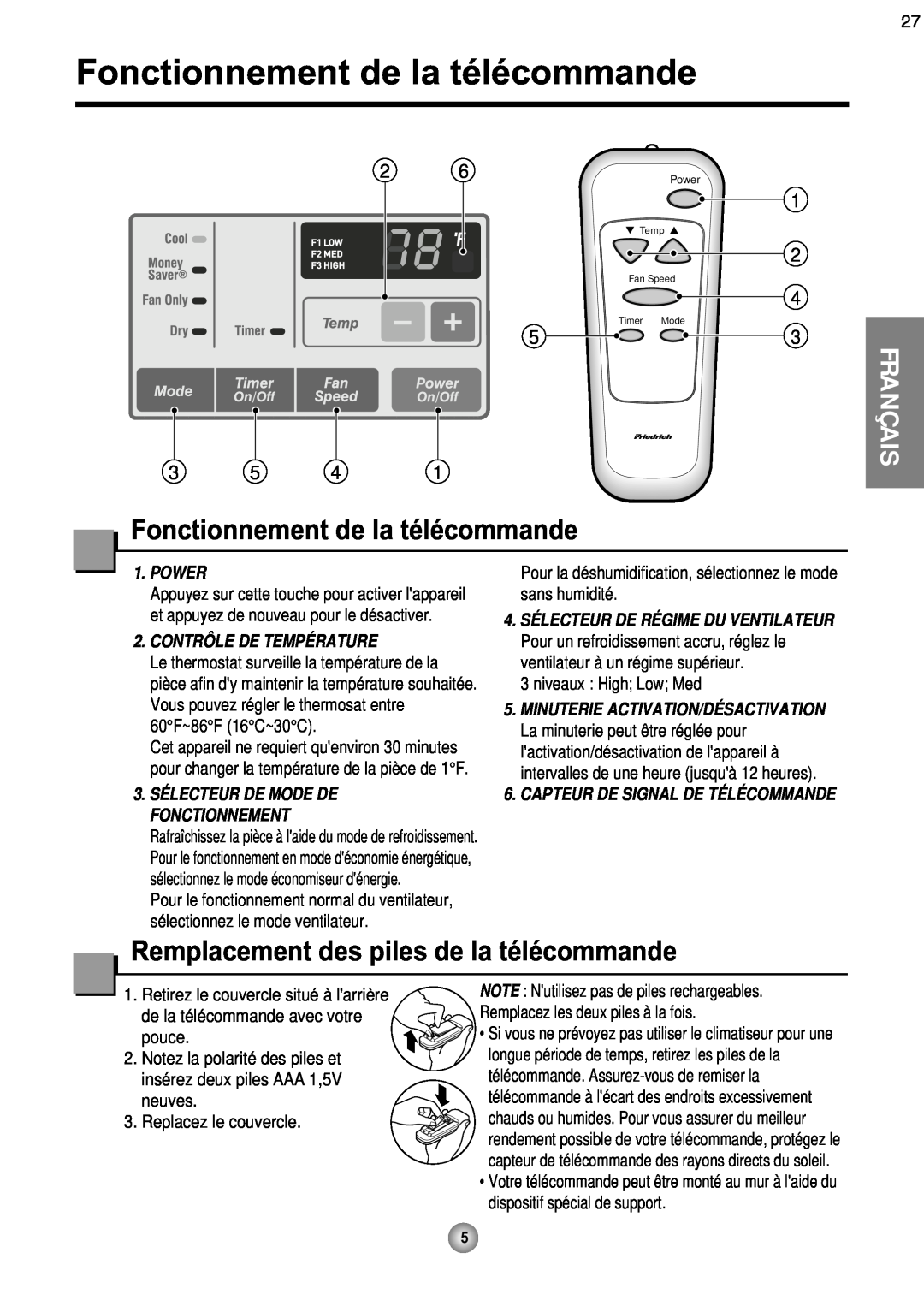Friedrich ZQ08, ZQ10 operation manual Fonctionnement de la télécommande, Remplacement des piles de la télécommande, Français 