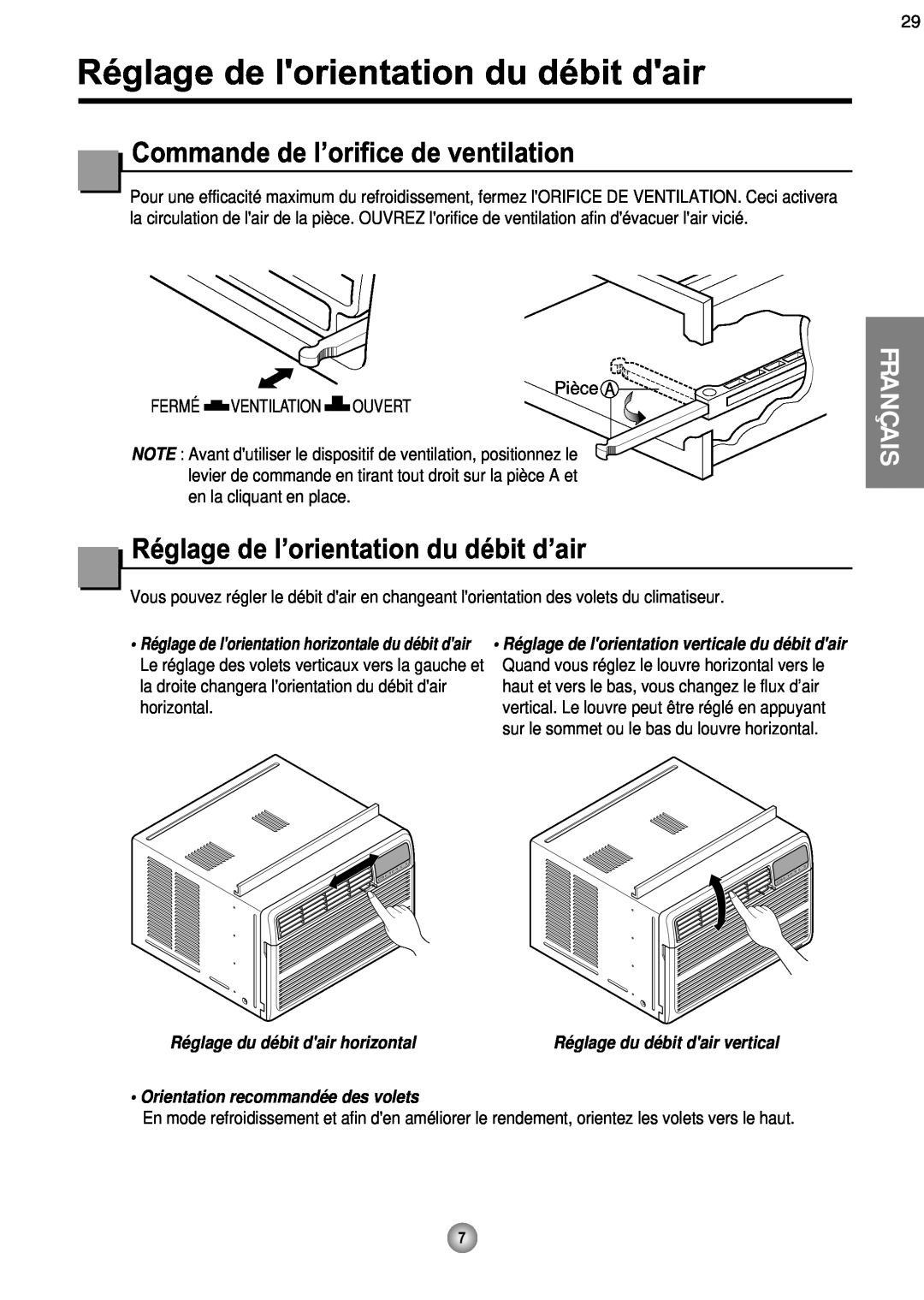 Friedrich ZQ08, ZQ10 operation manual Réglage de lorientation du débit dair, Commande de l’orifice de ventilation, Français 