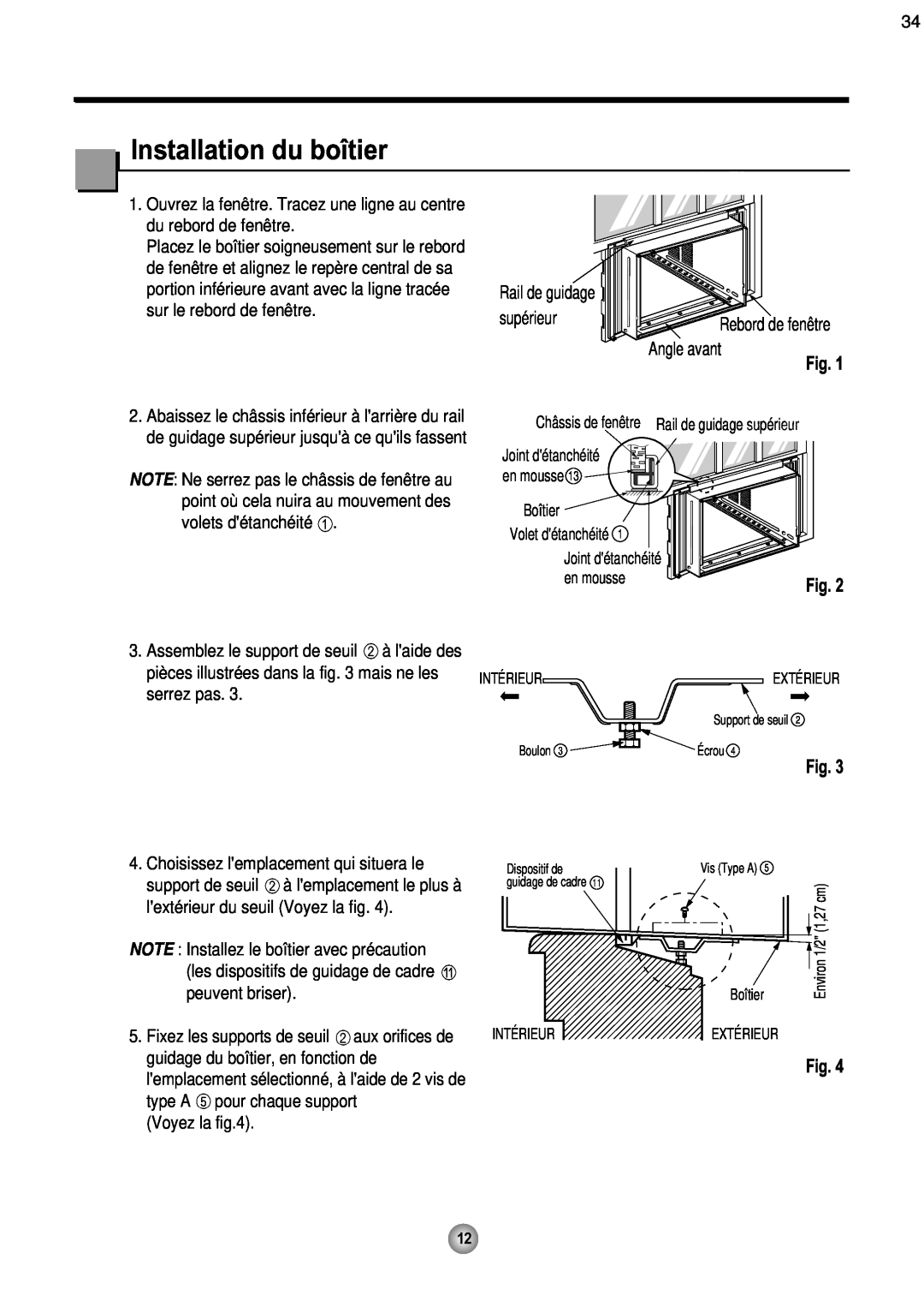 Friedrich ZQ10, ZQ08 operation manual Installation du boîtier, Fig, Rebord de fenêtre Angle avant 