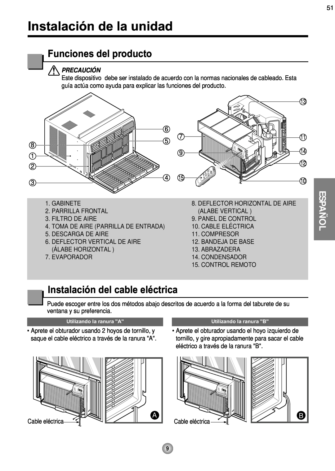 Friedrich ZQ08 Instalación de la unidad, Funciones del producto, Instalación del cable eléctrica, Español, Precaución 