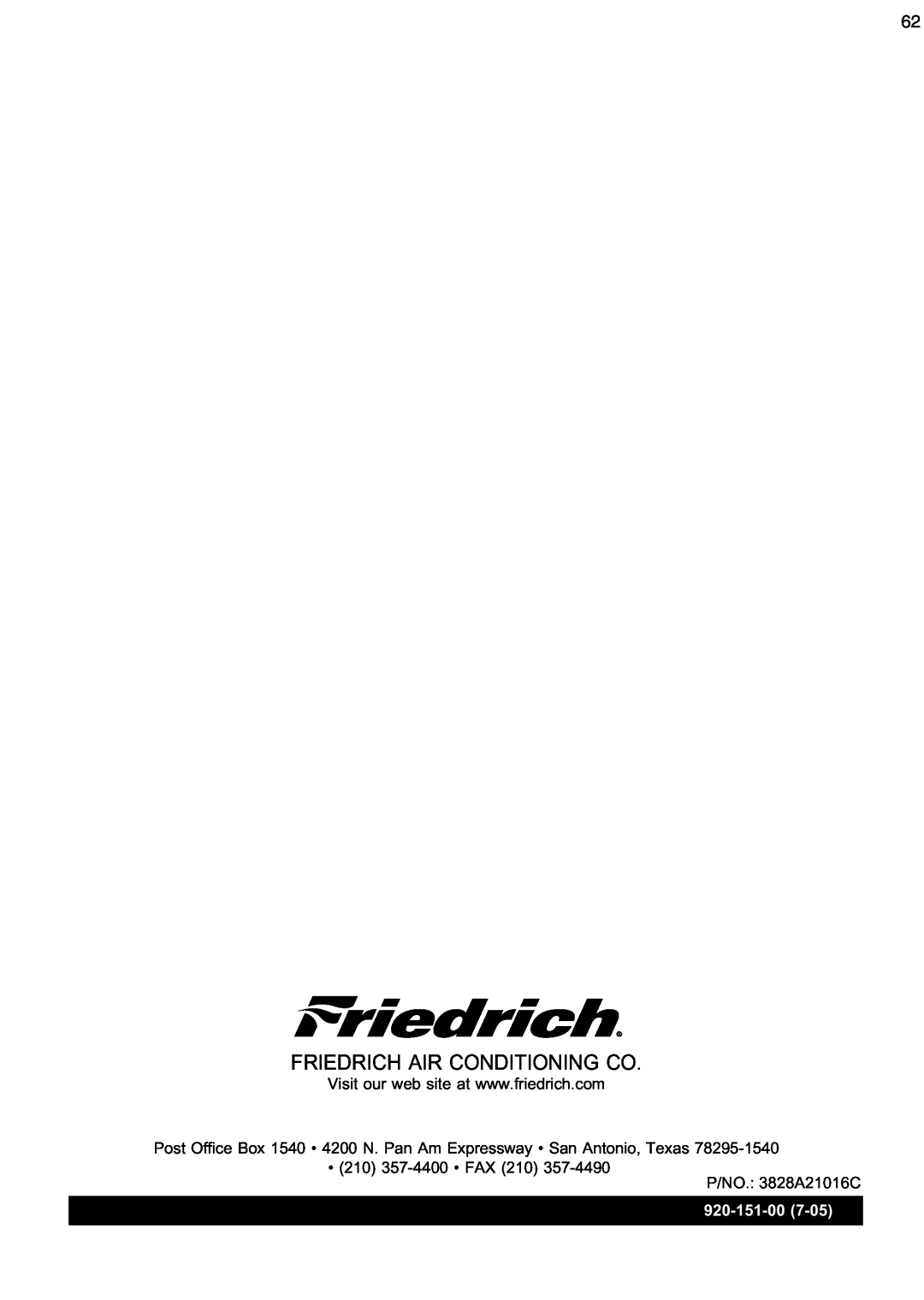 Friedrich ZQ10, ZQ08 operation manual Friedrich Air Conditioning Co, • 210 357-4400• FAX 210 P/NO.: 3828A21016C, 920-151-00 