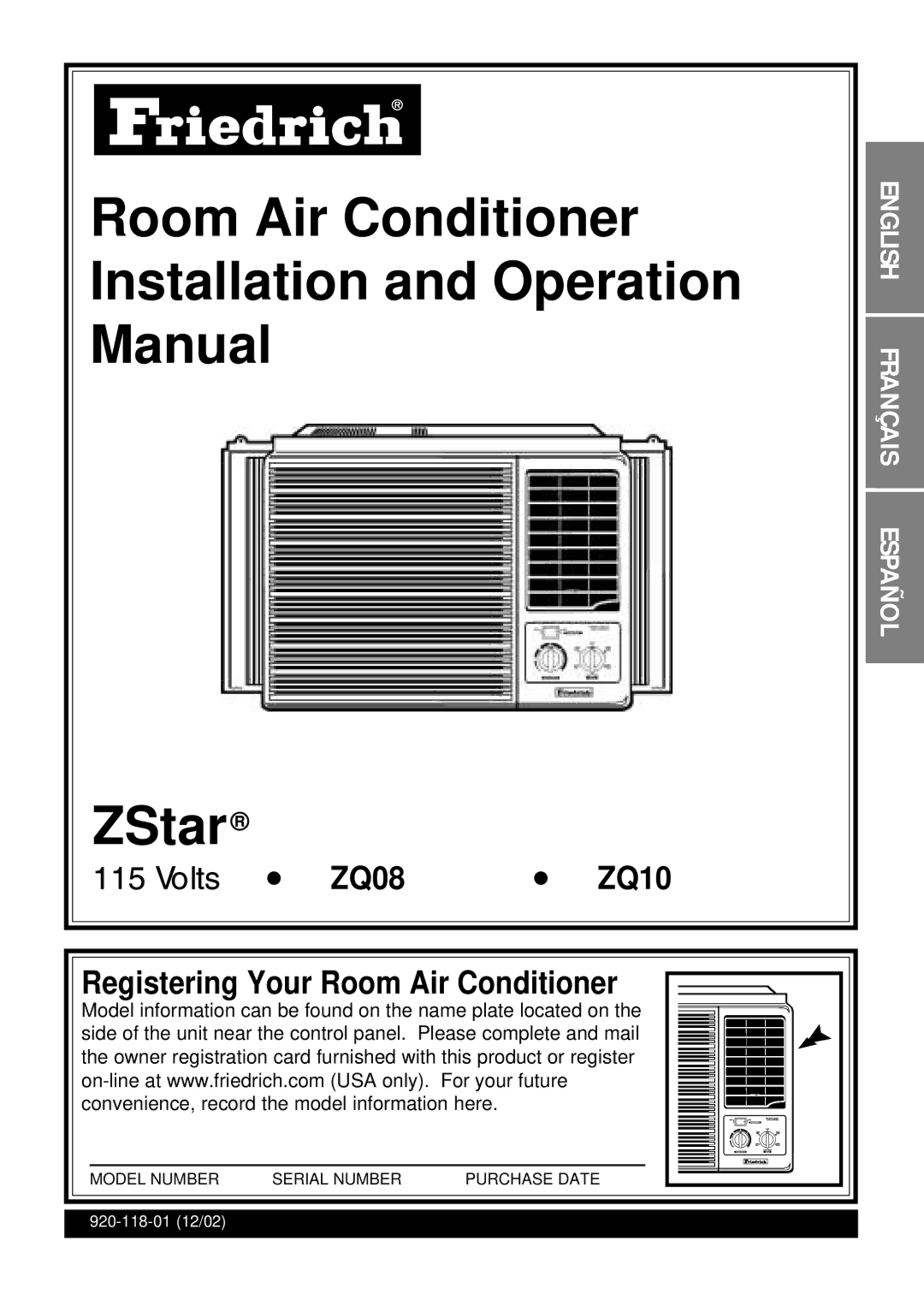 Friedrich ZStar ZQ08 ZQ10 operation manual Room Air Conditioner Installation and Operation Manual ZStar 