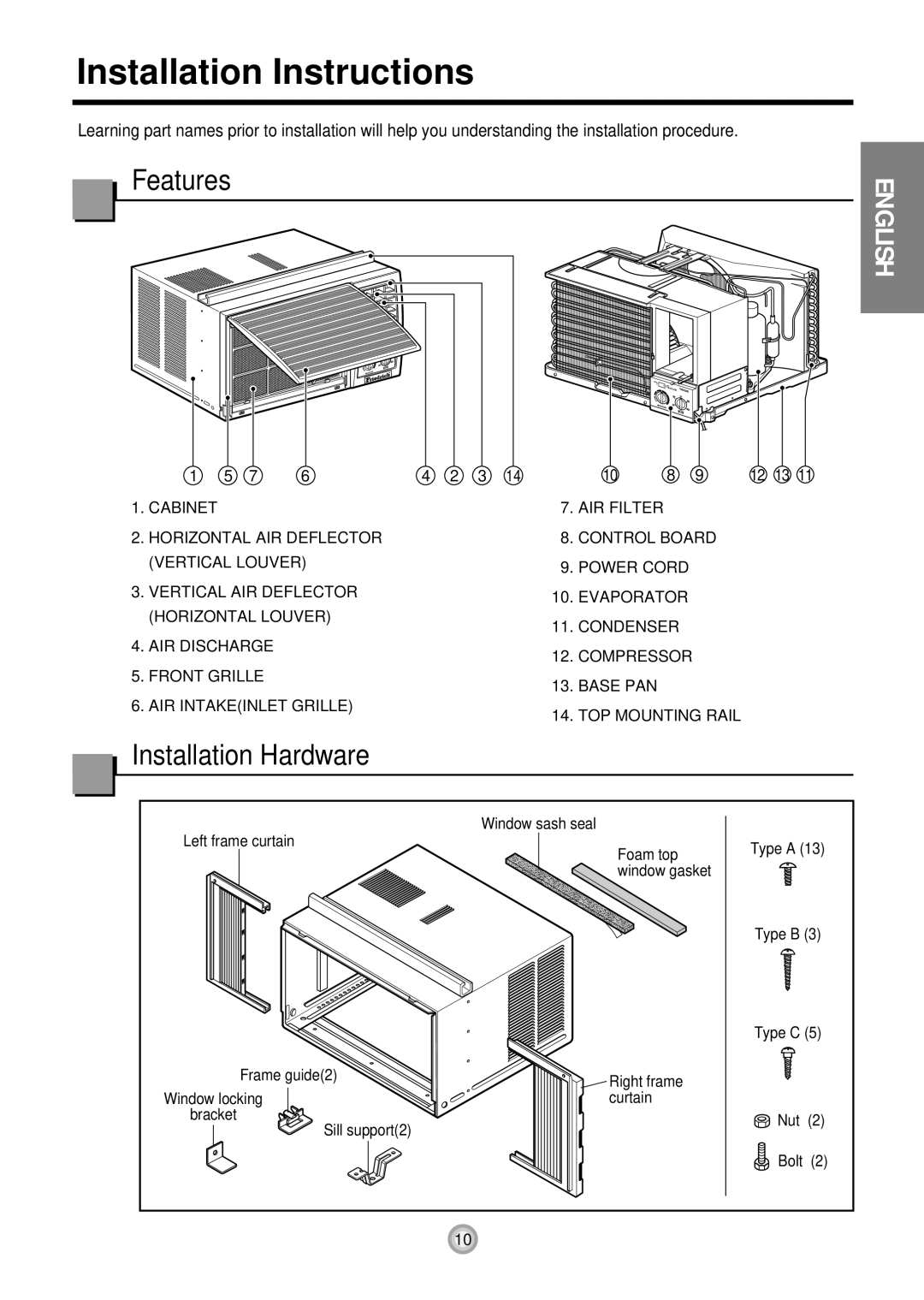 Friedrich ZStar ZQ08 ZQ10 operation manual Features, Installation Hardware 