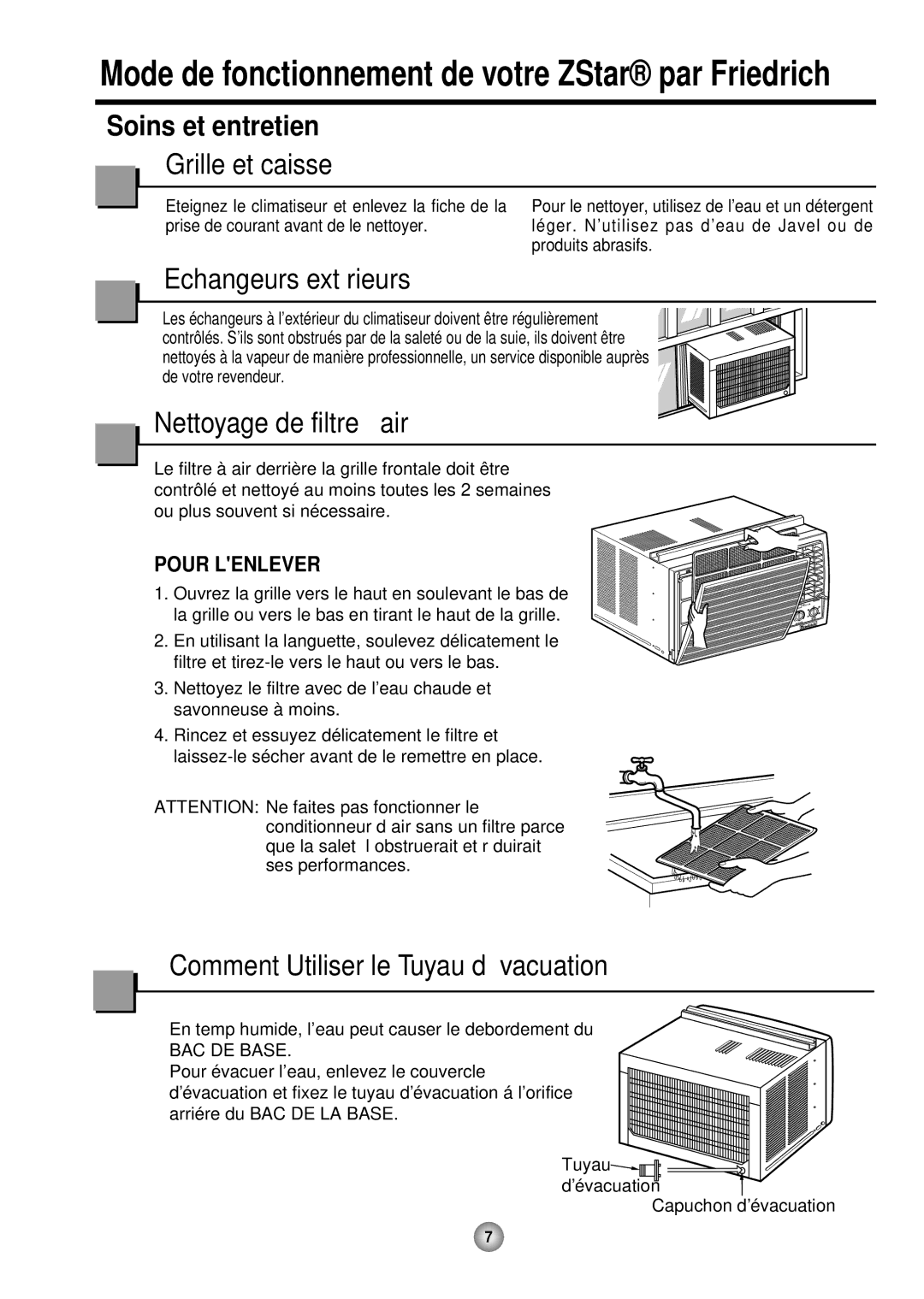 Friedrich ZStar ZQ08 ZQ10 operation manual Grille et caisse, Echangeurs extérieurs, Nettoyage de filtre à air 