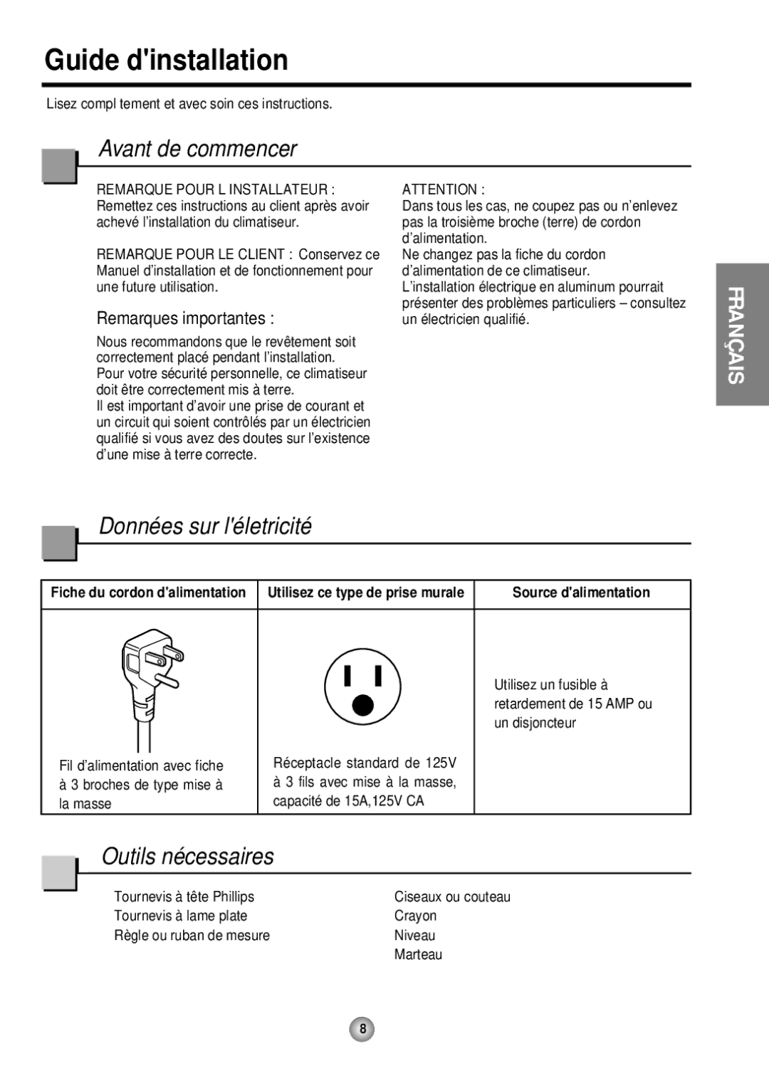 Friedrich ZStar ZQ08 ZQ10 Guide dinstallation, Avant de commencer, Données sur léletricité, Outils nécessaires 