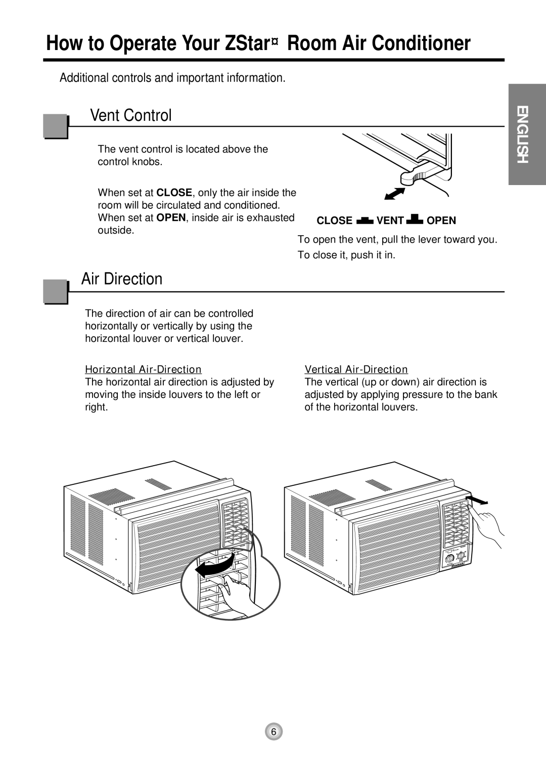 Friedrich ZStar ZQ08 ZQ10 operation manual Vent Control, Air Direction 