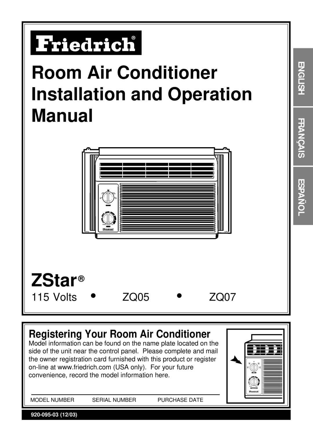 Friedrich operation manual Room Air Conditioner Installation and Operation Manual ZStar 