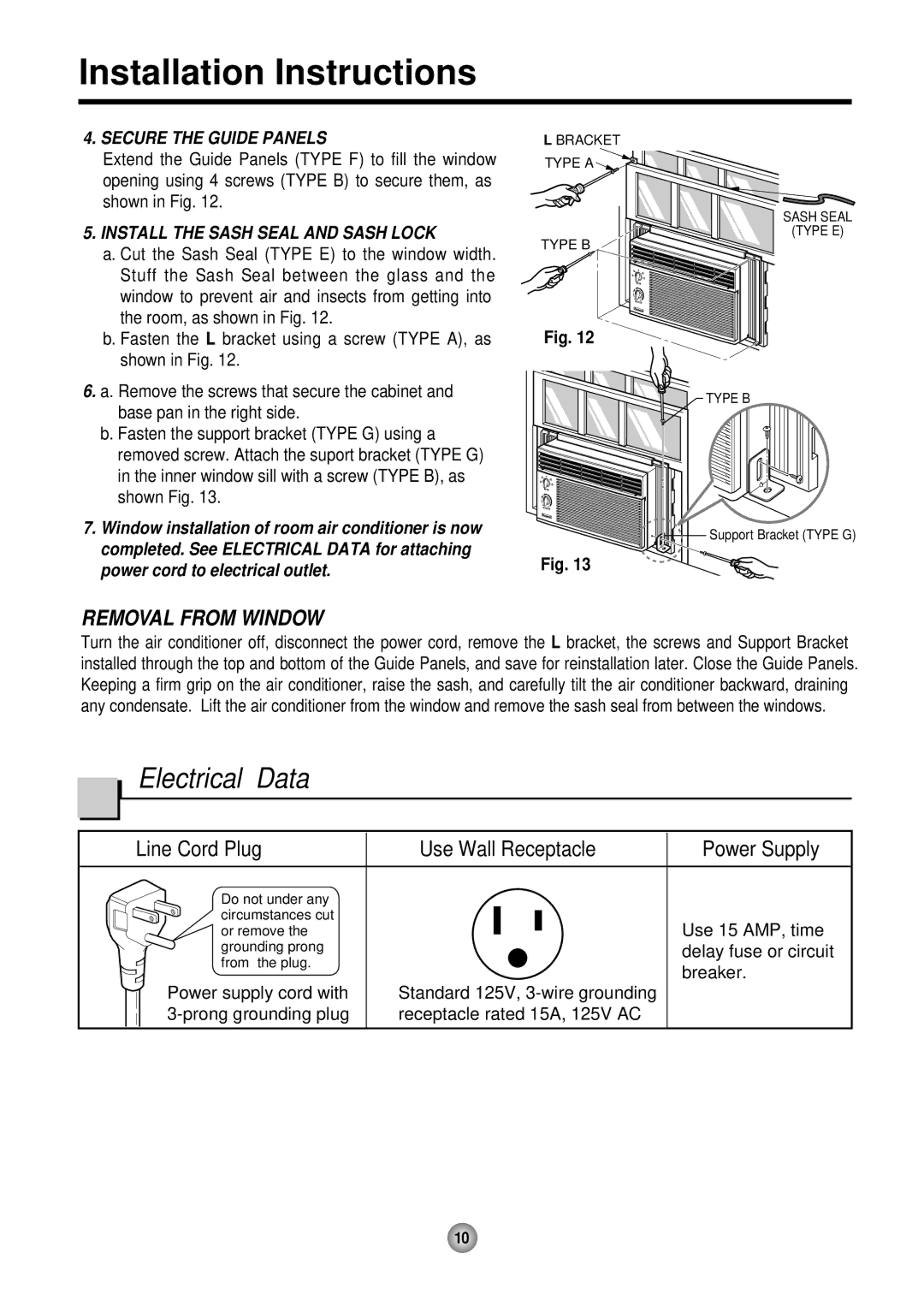 Friedrich ZStar operation manual Electrical Data, Removal from Window 