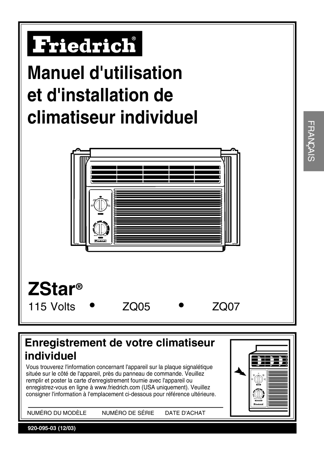 Friedrich ZStar operation manual Enregistrement de votre climatiseur individuel 