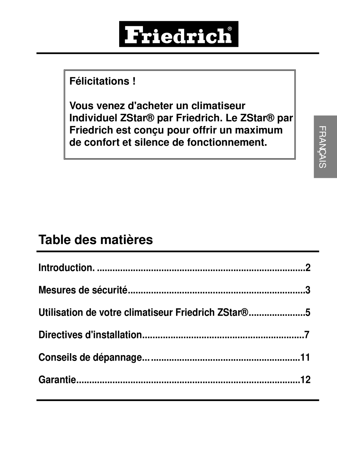 Friedrich ZStar operation manual Table des matières 