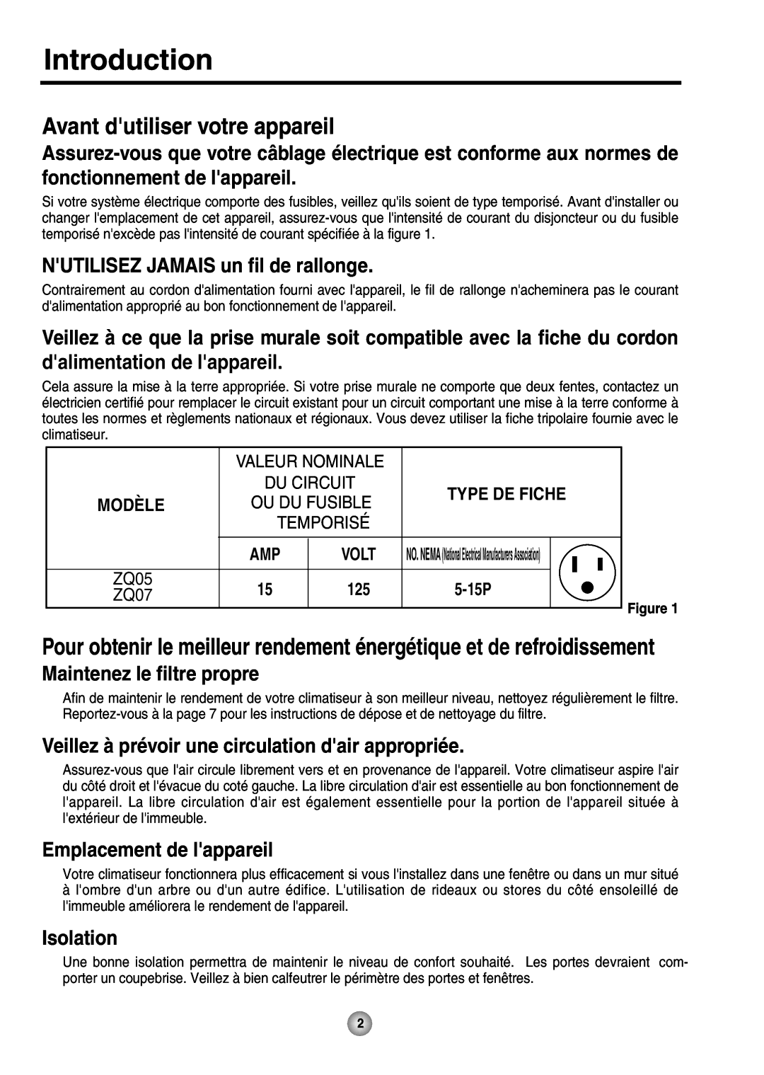 Friedrich ZStar operation manual Avant dutiliservotre appareil, Nutilisezjamais un fil de rallonge 