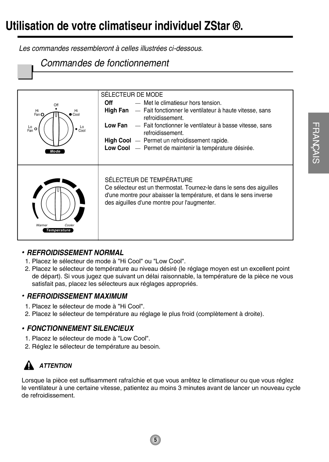 Friedrich ZStar Commandes de fonctionnement, Refroidissement Normal, Refroidissement Maximum, Fonctionnement Silencieux 