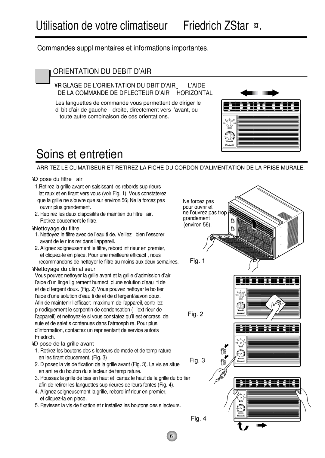 Friedrich operation manual Soins et entretien, Utilisation de votre climatiseur Friedrich ZStar 