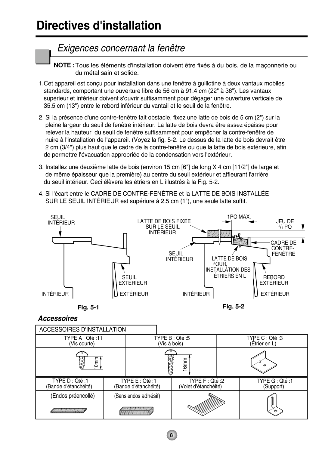 Friedrich ZStar operation manual Exigences concernant la fenêtre, Accessoires 