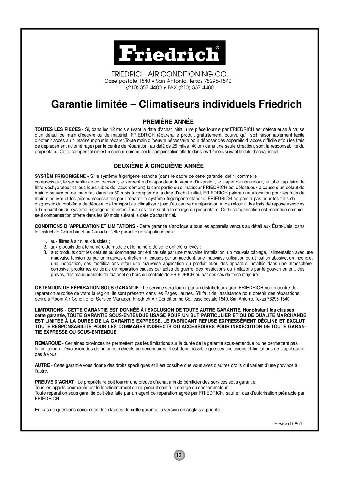 Friedrich ZStar operation manual Garantie limitée Climatiseurs individuels Friedrich 