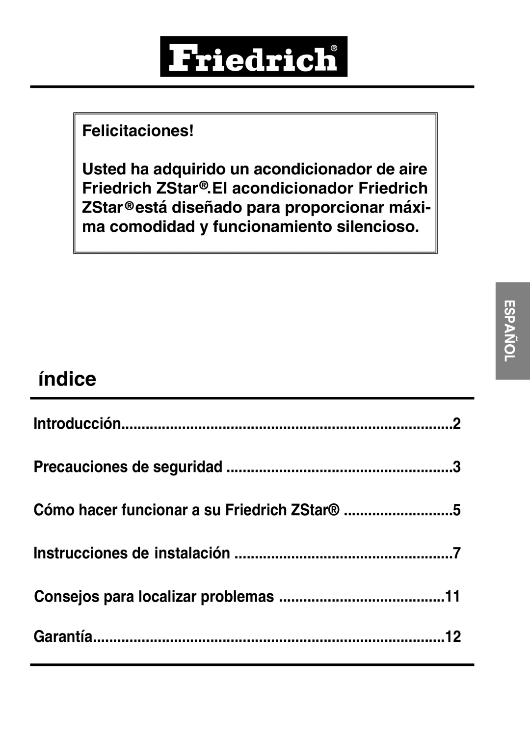 Friedrich ZStar operation manual Ndice 