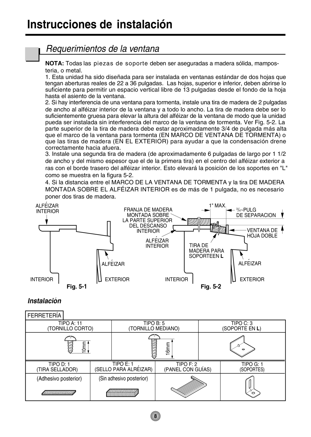 Friedrich ZStar operation manual Instrucciones de instalación, Requerimientos de la ventana 