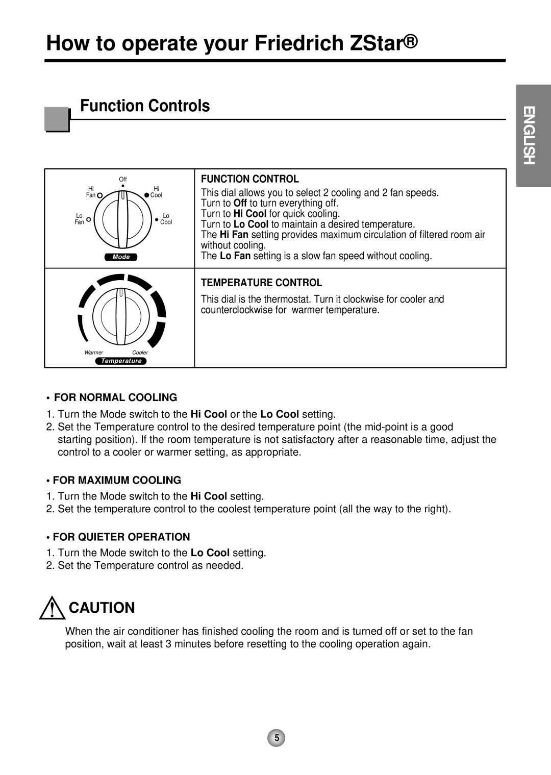 Friedrich operation manual How to operate your Friedrich ZStar, Function Controls 