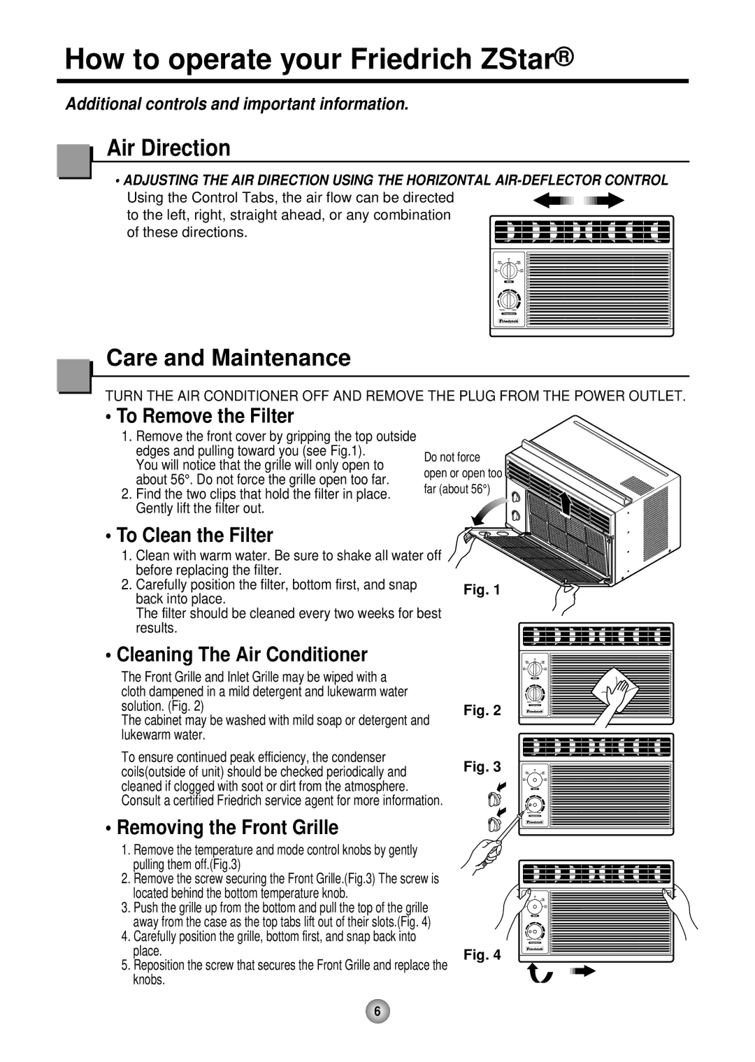 Friedrich ZStar operation manual Air Direction, Care and Maintenance 