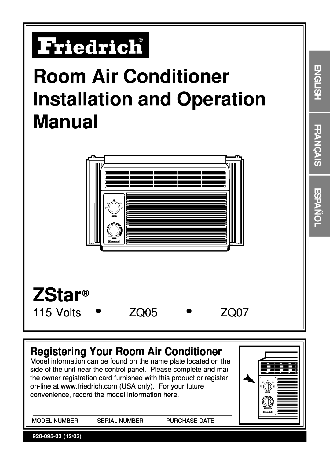 Friedrich operation manual Room Air Conditioner Installation and Operation, Manual ZStar, Volts, ZQ05, ZQ07 