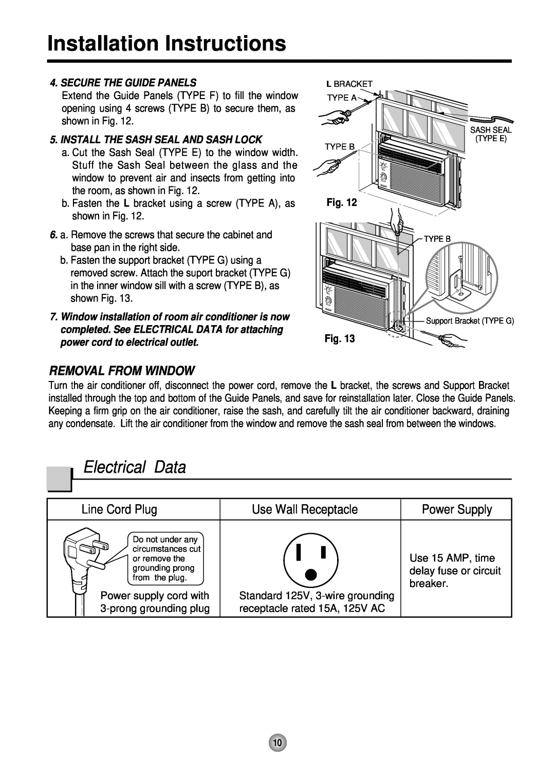 Friedrich ZStar Electrical Data, Removal From Window, Line Cord Plug, Use Wall Receptacle, Power Supply, Fig. Fig 