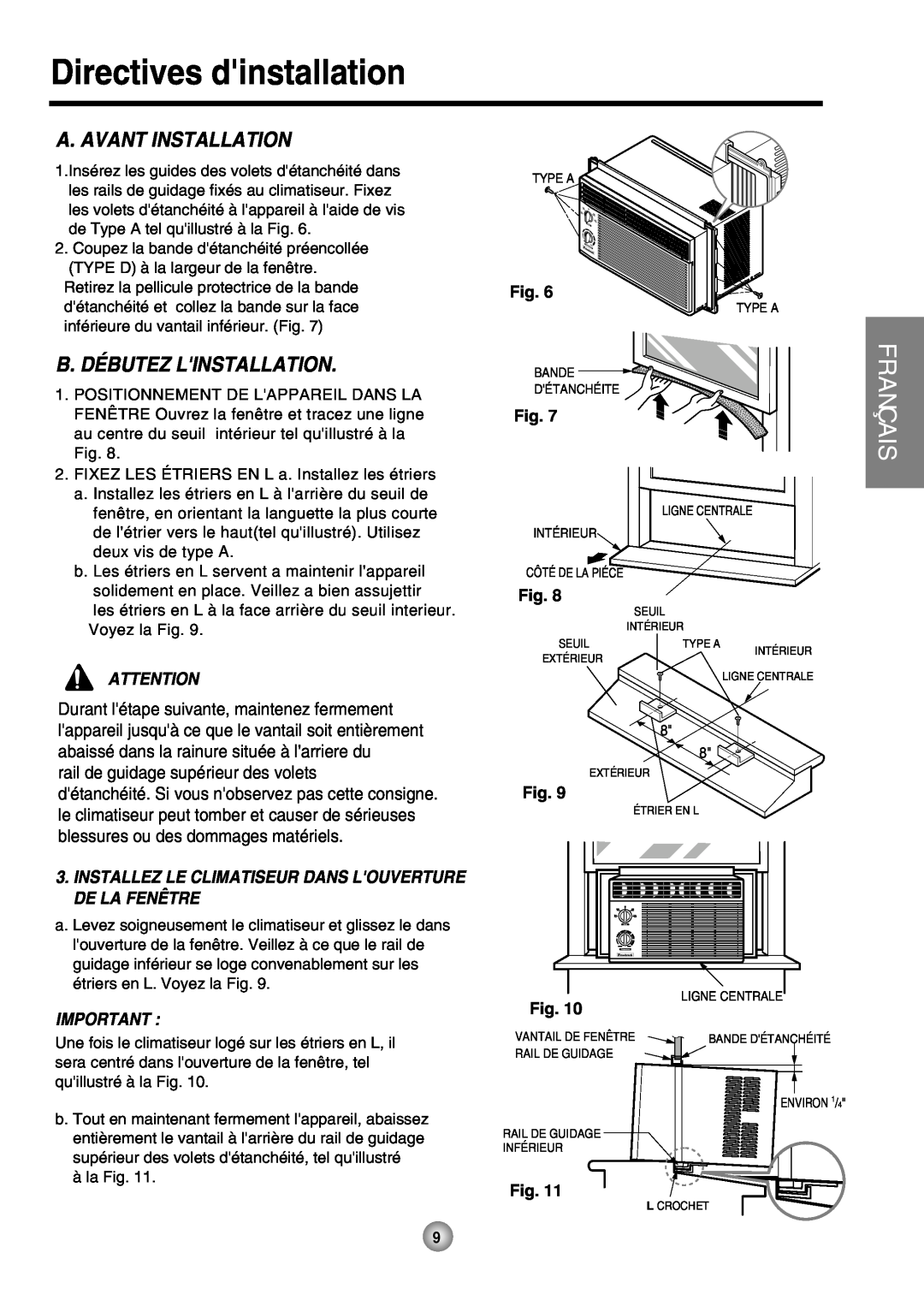 Friedrich ZStar operation manual A. Avant Installation, B. Débutez Linstallation, Directives dinstallation, Français 