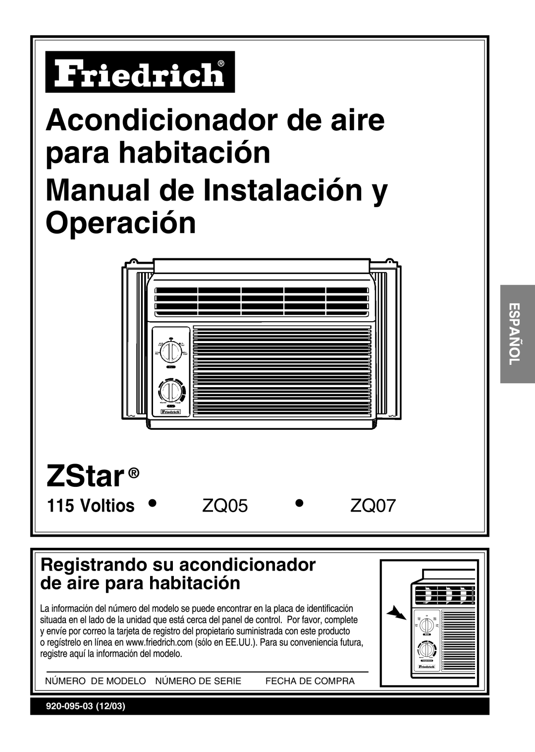 Friedrich ZStar operation manual Voltios, Registrando su acondicionador, de aire para habitación, ZQ05, ZQ07 