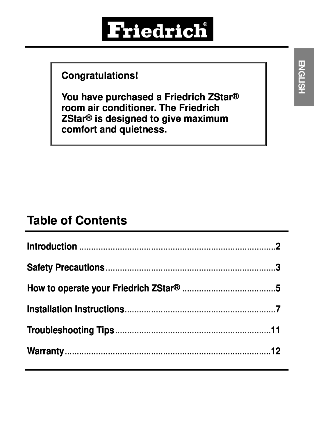 Friedrich ZStar Table of Contents, Congratulations, English, Introduction, Safety Precautions, Installation Instructions 