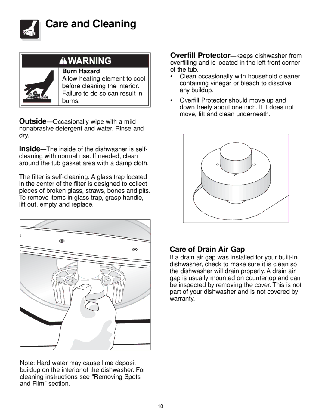 Frigidaire 100 Series warranty Care and Cleaning, Care of Drain Air Gap 