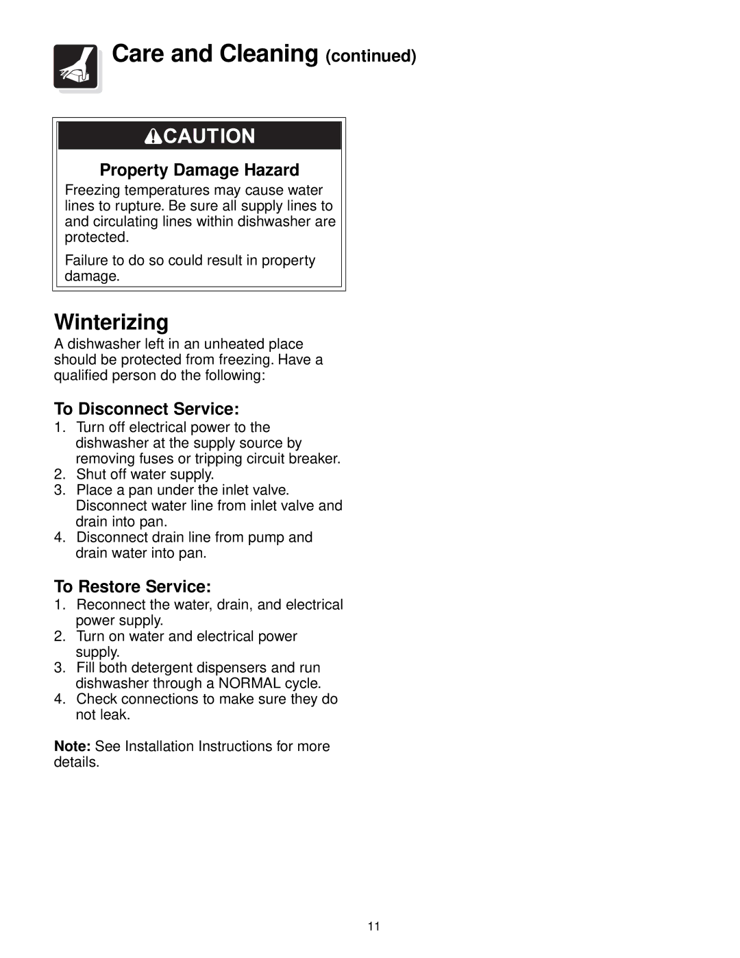 Frigidaire 100 Series warranty Winterizing, Property Damage Hazard, To Disconnect Service, To Restore Service 