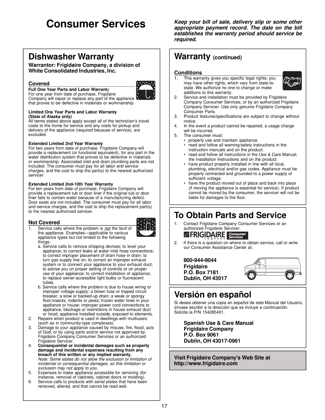 Frigidaire 100 Series warranty Consumer Services, Dishwasher Warranty 