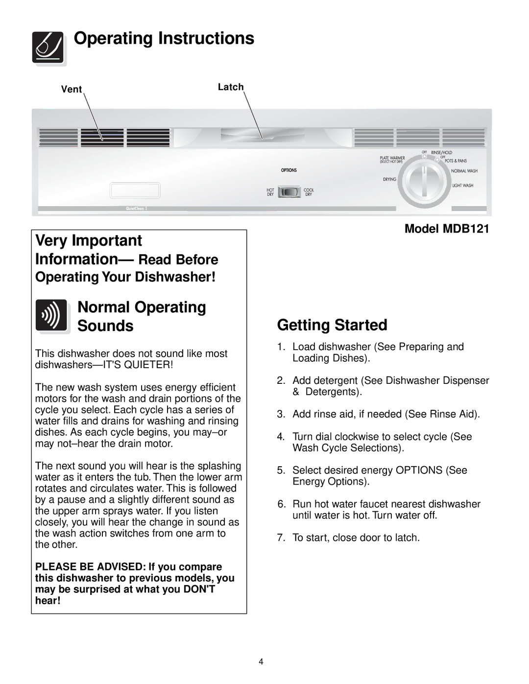 Frigidaire 100 Series warranty Operating Instructions, Normal Operating Sounds, Getting Started, Model MDB121 