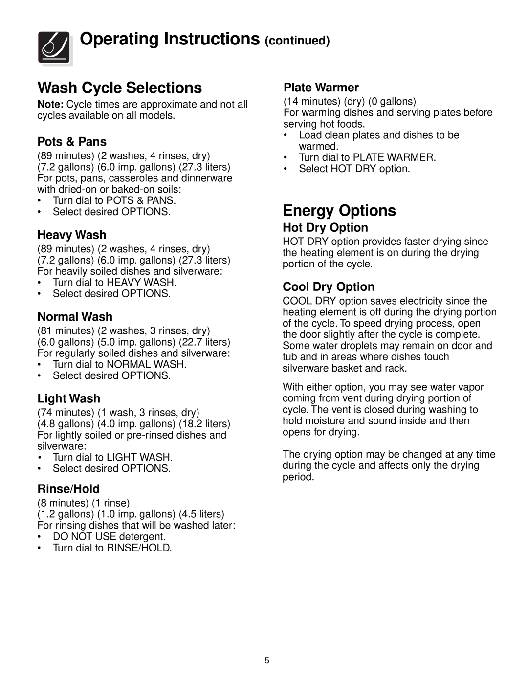 Frigidaire 100 Series warranty Wash Cycle Selections, Energy Options 