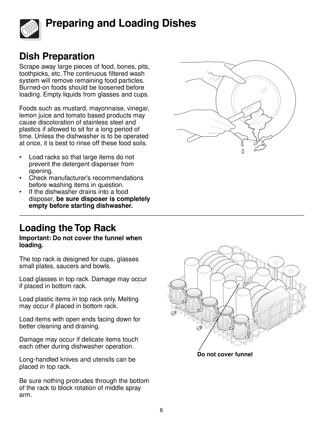 Frigidaire 100 Series warranty Preparing and Loading Dishes, Dish Preparation, Loading the Top Rack 