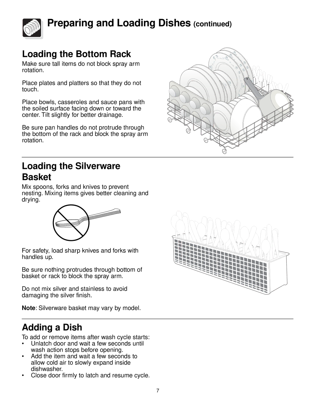 Frigidaire 100 Series warranty Loading the Bottom Rack, Loading the Silverware Basket, Adding a Dish 