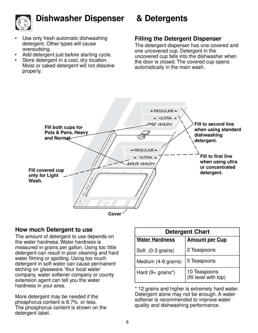 Frigidaire 100 Series warranty Dishwasher Dispenser, Detergents, Filling the Detergent Dispenser, How much Detergent to use 