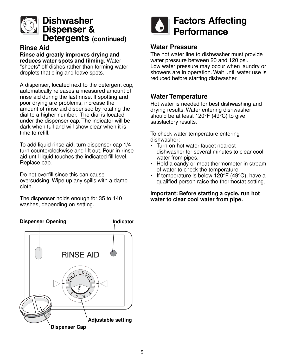 Frigidaire 100 Series warranty Factors Affecting Performance, Detergents Rinse Aid, Water Pressure, Water Temperature 